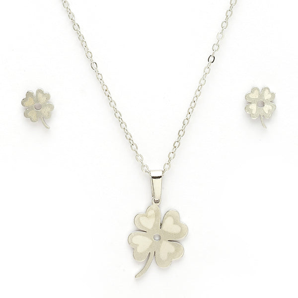 Rhodium Plated with Clover Leaf Shaped Design Stainless Steel Pendent Set