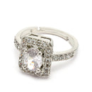 Rhodium Plated Silver Toned Square Shaped White American Diamond Studded Adjustable Ring