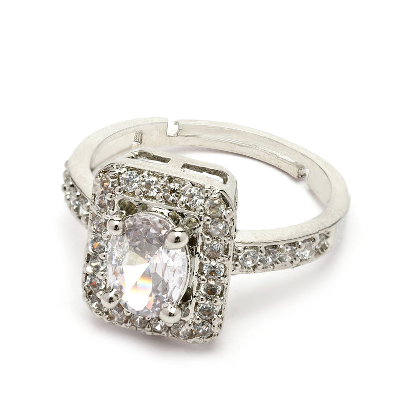 Rhodium Plated Silver Toned Square Shaped White American Diamond Studded Adjustable Ring