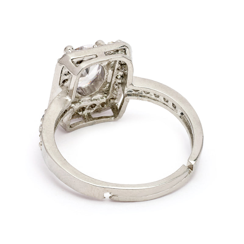 Rhodium Plated Silver Toned Square Shaped White American Diamond Studded Adjustable Ring