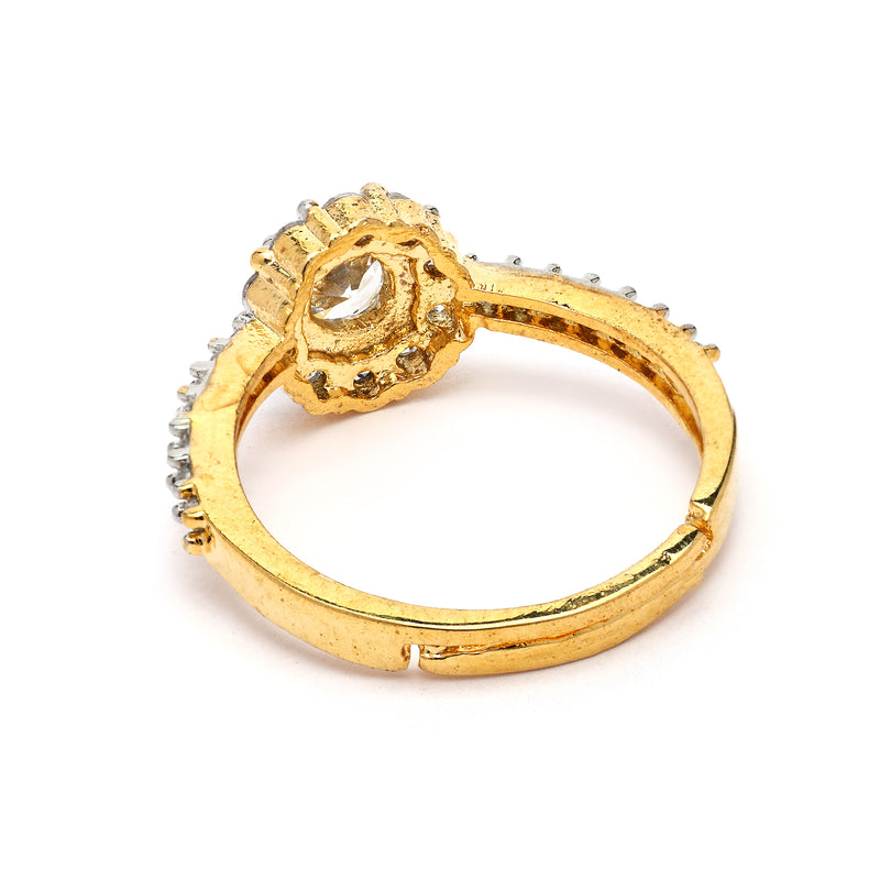 Elegant Gold Plated Round Shaped White American Diamond Studded Adjustable Ring