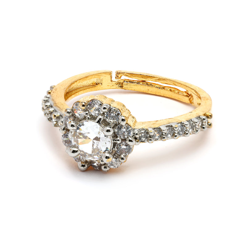 Elegant Gold Plated Round Shaped White American Diamond Studded Adjustable Ring