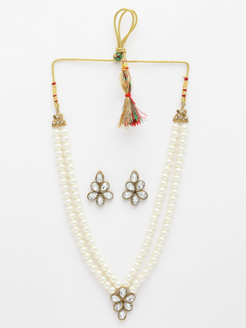 Gold Plated with White Pearl & Kundan Studded Necklace Set