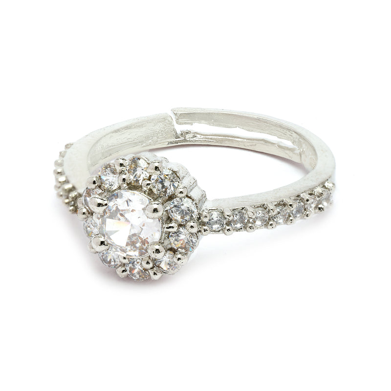 Elegant Rhodium Plated Silver Toned Round Shaped White American Diamond Studded Adjustable Ring
