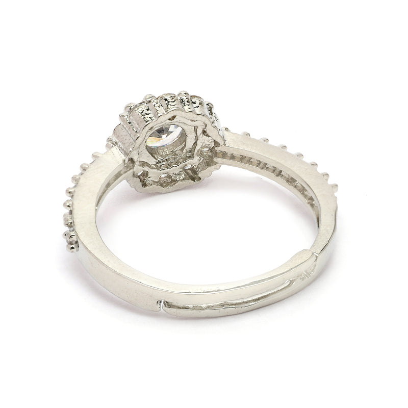 Elegant Rhodium Plated Silver Toned Round Shaped White American Diamond Studded Adjustable Ring