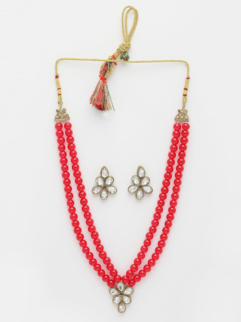 Gold Plated with Red Pearl & Kundan Studded Necklace Set