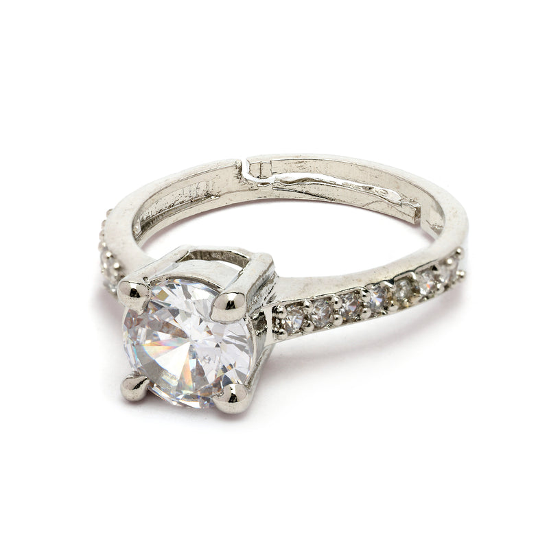 Rhodium Plated Silver Toned White American Diamond Sparkling Studded Adjustable Ring