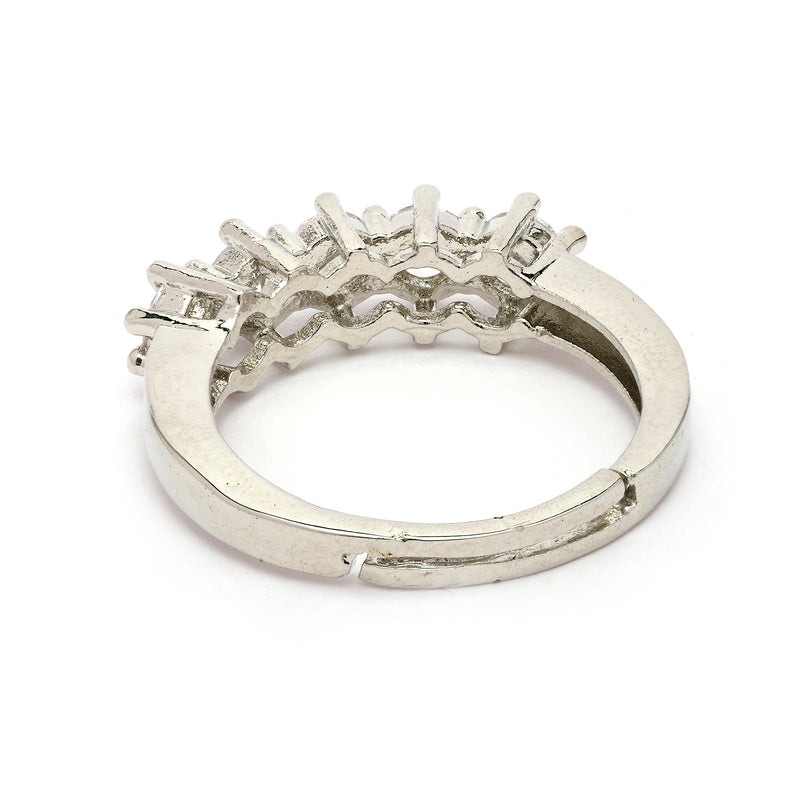 Rhodium Plated Silver Toned  White American Diamond Studded Adjustable Ring