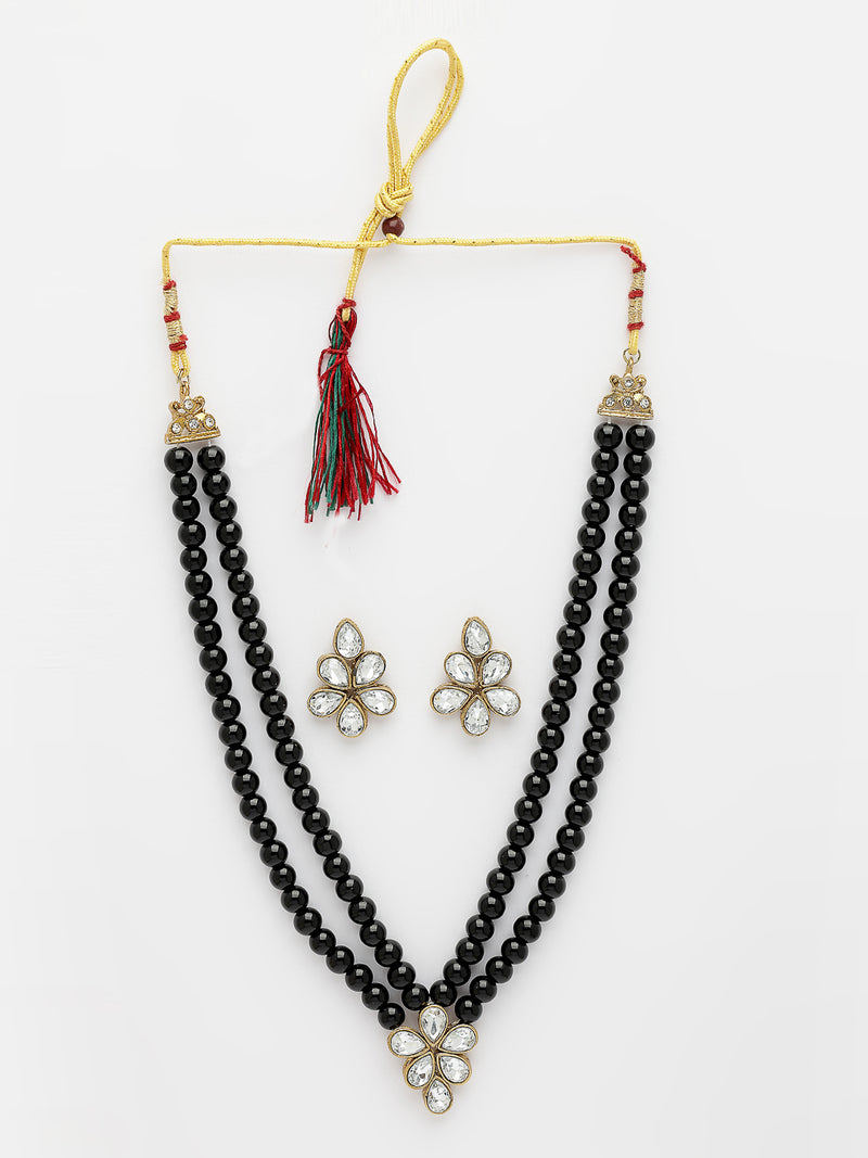 Gold Plated with Black Pearl & Kundan Studded Necklace Set