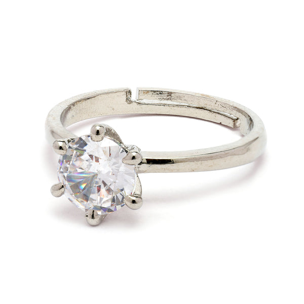 Rhodium Plated Silver Toned White American Diamond Studded Adjustable Ring