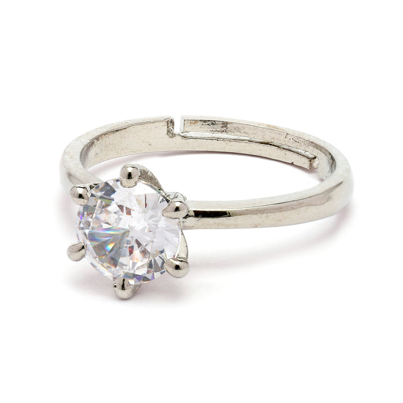 Rhodium Plated Silver Toned White American Diamond Studded Adjustable Ring