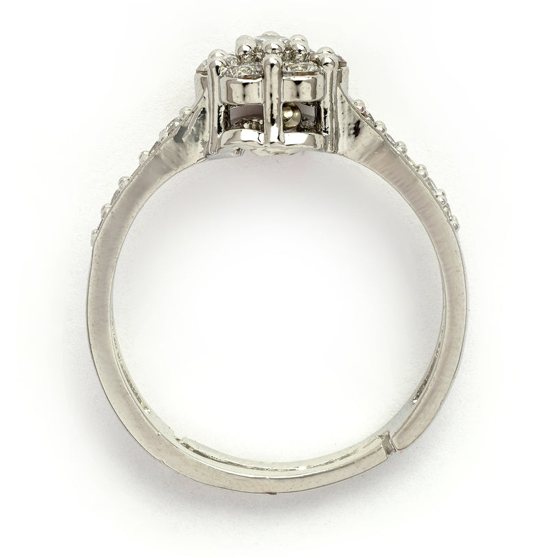 Rhodium Plated Silver Toned White American Diamond Studded Floral Adjustable Ring