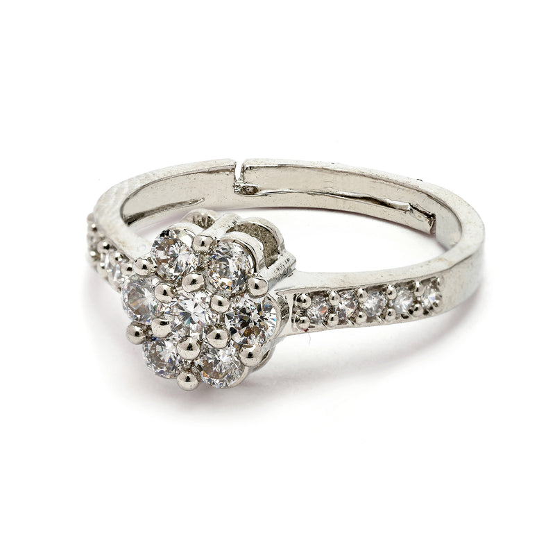 Rhodium Plated Silver Toned White American Diamond Studded Floral Adjustable Ring