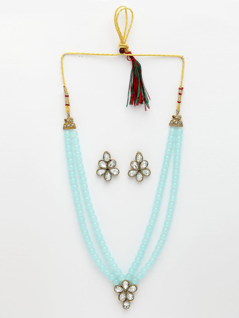 Gold Plated with Blue Pearl & Kundan Studded Necklace Set