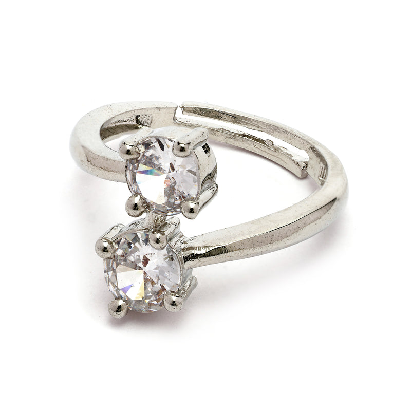 Rhodium Plated Silver Toned Dual White American Diamond Studded Adjustable Ring