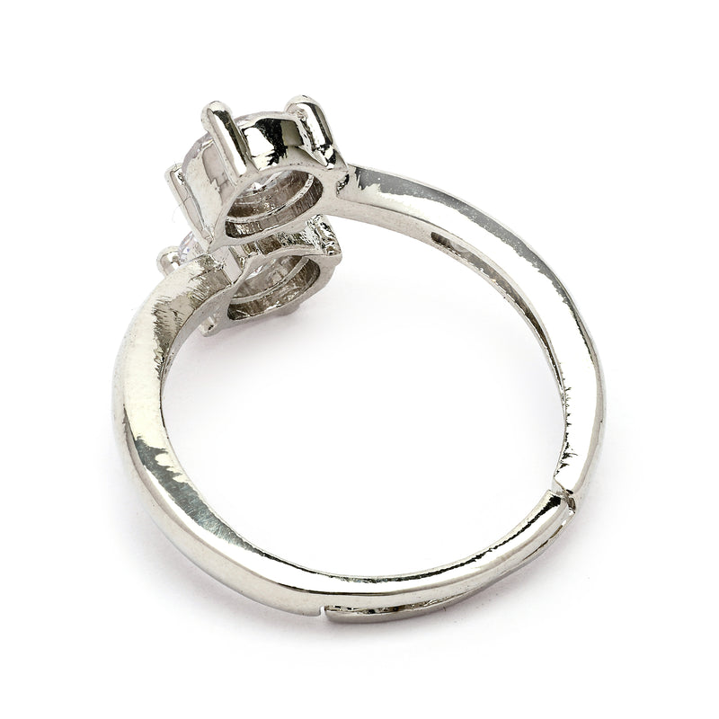 Rhodium Plated Silver Toned Dual White American Diamond Studded Adjustable Ring