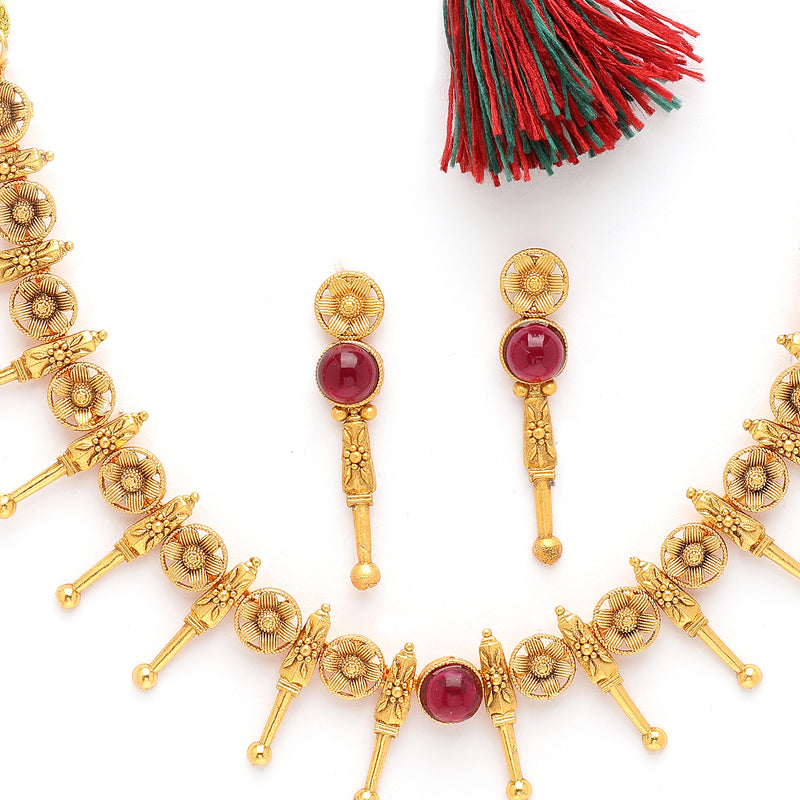 Gold Plated with Antique Gold Design Red Stone Studded Jewellery Set