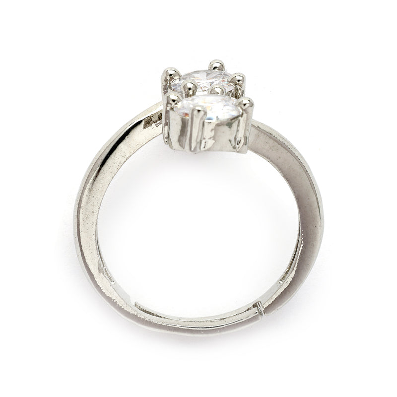 Rhodium Plated Silver Toned Dual White American Diamond Studded Adjustable Ring