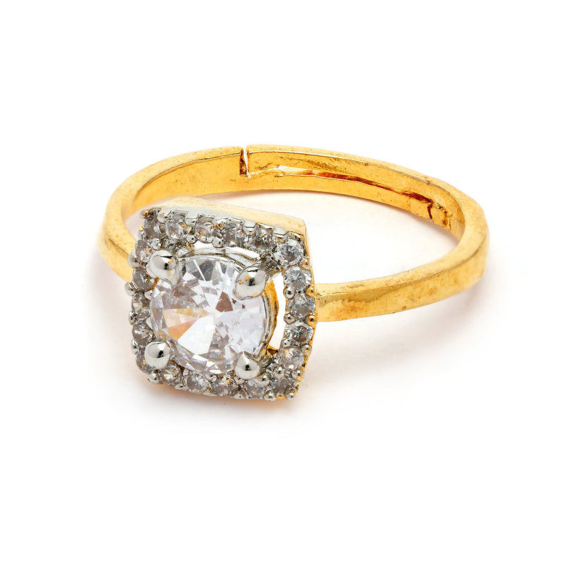Gold Plated Square Shaped White American Diamond Studded Adjustable Ring