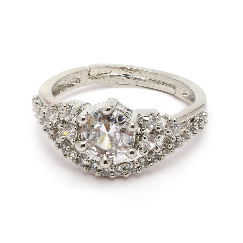 Rhodium Plated Silver Toned Sparkling White American Diamond Studded Adjustable Ring