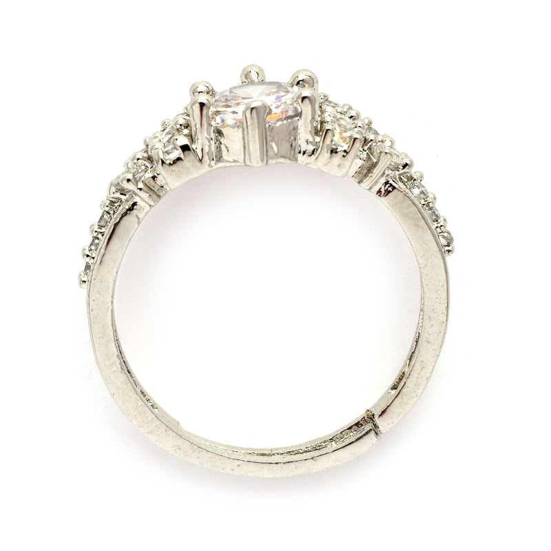 Rhodium Plated Silver Toned Sparkling White American Diamond Studded Adjustable Ring