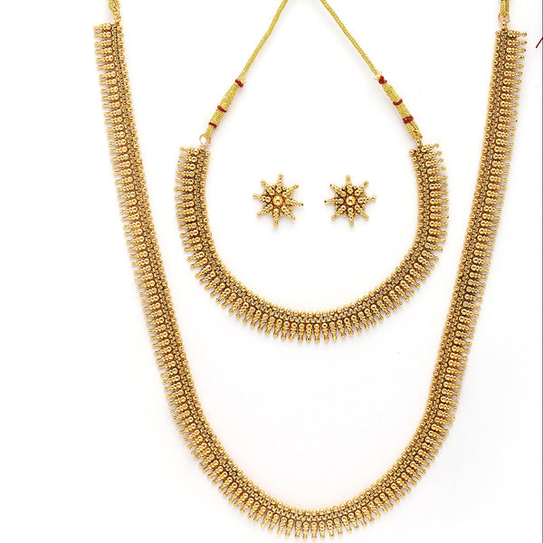 Golden Plated with Traditional Temple Design Long Necklace and Earrings Jewellery Set