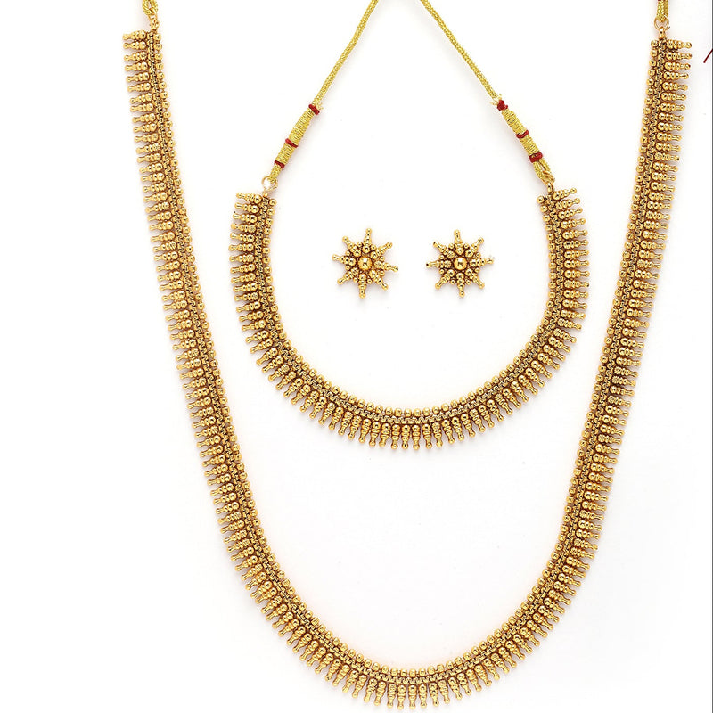 Golden Plated with Traditional Temple Design Long Necklace and Earrings Jewellery Set