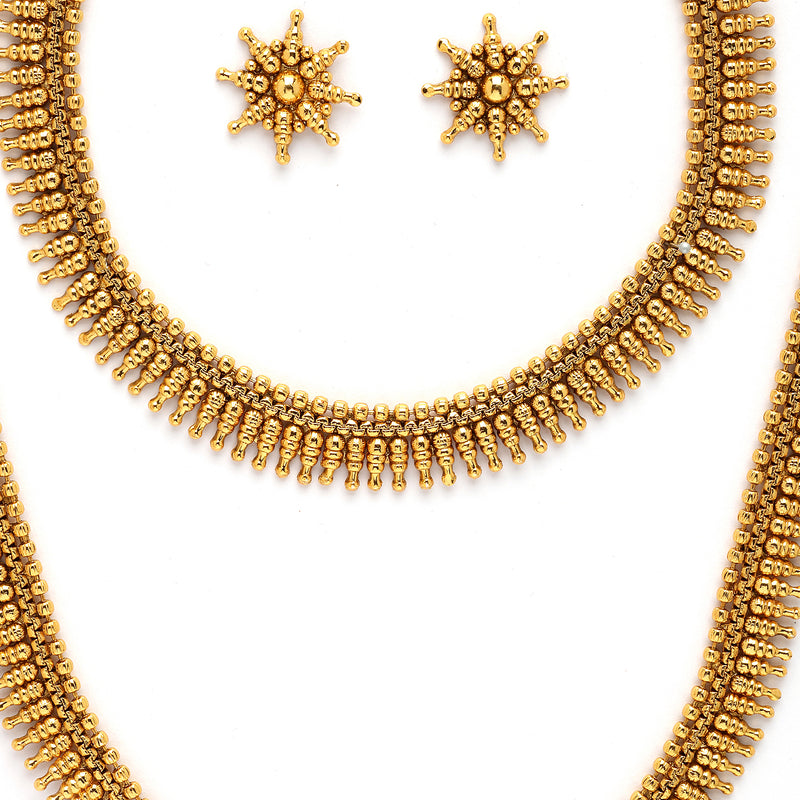 Golden Plated with Traditional Temple Design Long Necklace and Earrings Jewellery Set
