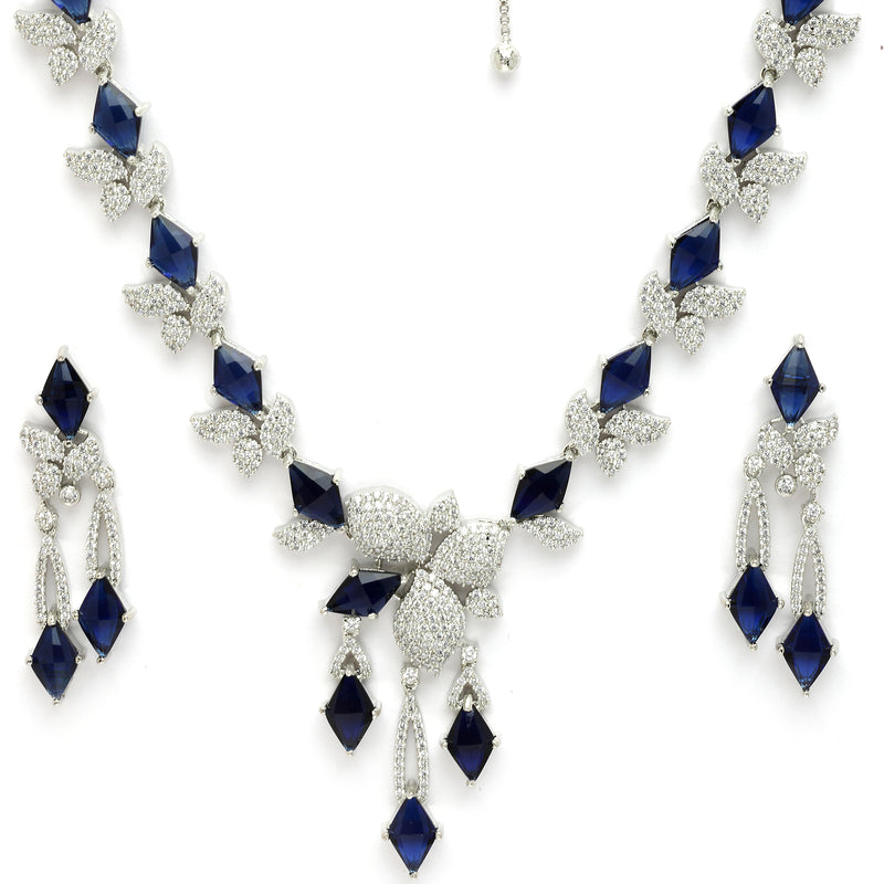 Rhodium Plated Silver Toned Blue American Diamond Studded Necklace Set