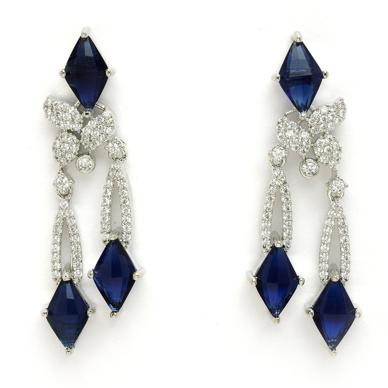 Rhodium Plated Silver Toned Blue American Diamond Studded Necklace Set