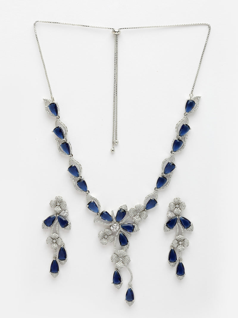 Rhodium Plated with Blue & White American Diamond Studded Floral Design Necklace