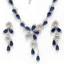 Rhodium Plated Silver Toned Blue & White American Diamond Studded Necklace Set