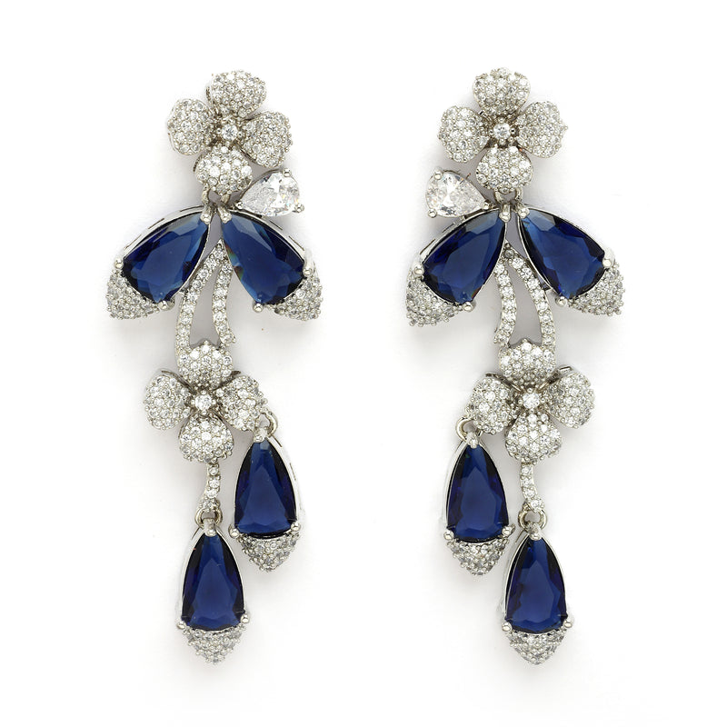 Rhodium Plated Silver Toned Blue & White American Diamond Studded Necklace Set