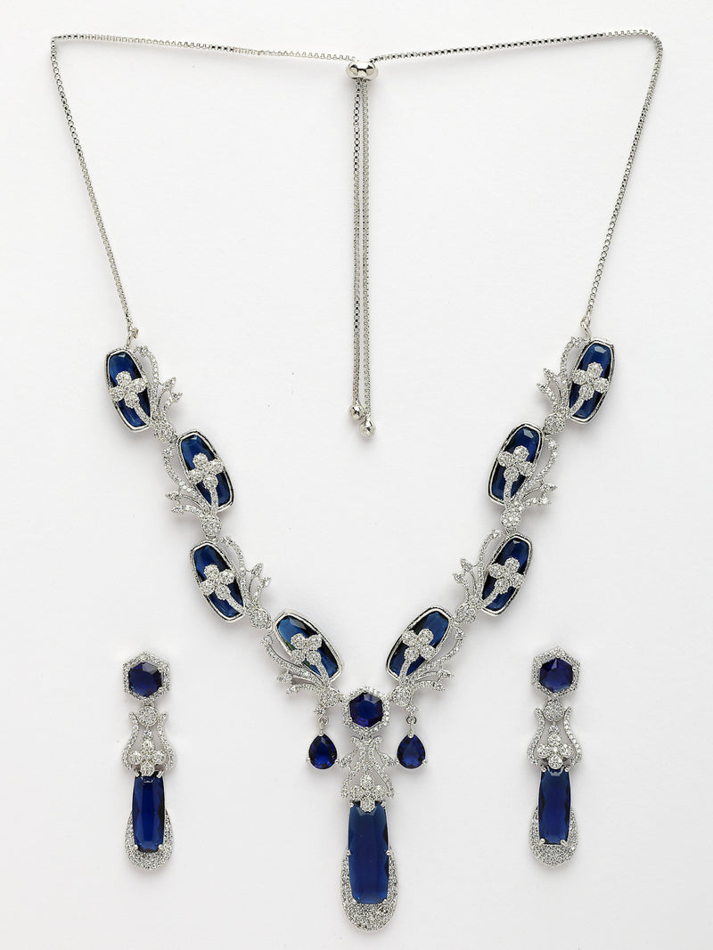 Rhodium Plated with Elegant Blue American Diamond Studded Necklace Set