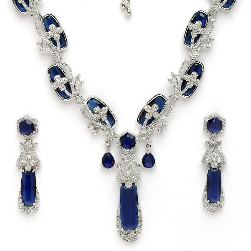 Rhodium Plated Silver Toned Royal Blue American Diamond Studded Necklace Set