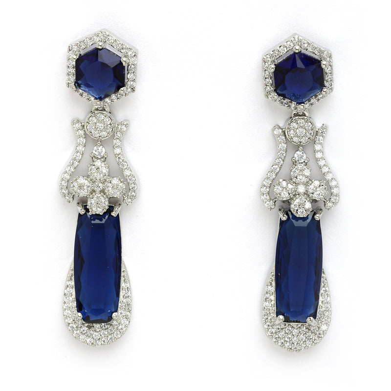 Rhodium Plated Silver Toned Royal Blue American Diamond Studded Necklace Set