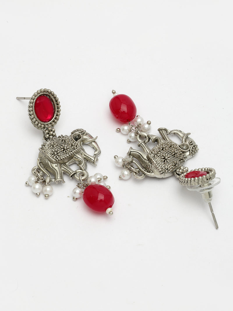 Oxidized Plated with Red Pearl & Stone Studded Necklace Set