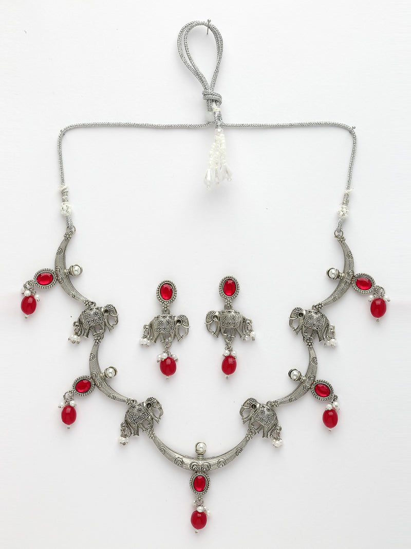 Oxidized Plated with Red Pearl & Stone Studded Necklace Set