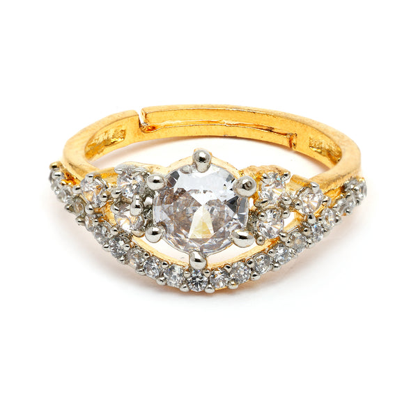 Gold Plated Gold Toned White American Diamond Studded Sparkling Adjustable Ring