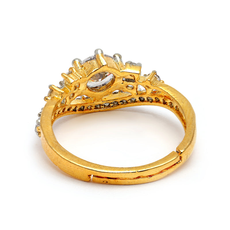 Gold Plated Gold Toned White American Diamond Studded Sparkling Adjustable Ring