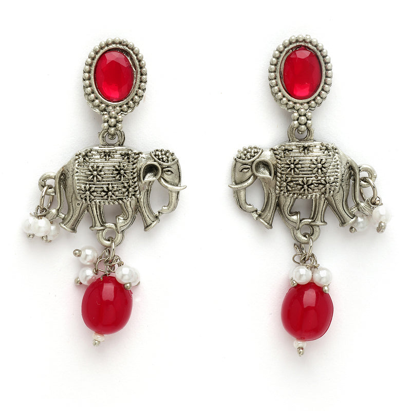 Oxidized Plated with Red Pearl & Stone Studded Jewellery Set