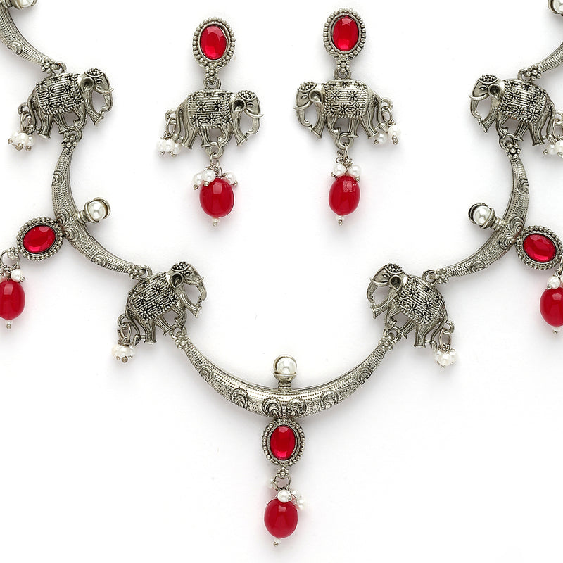 Oxidized Plated with Red Pearl & Stone Studded Jewellery Set