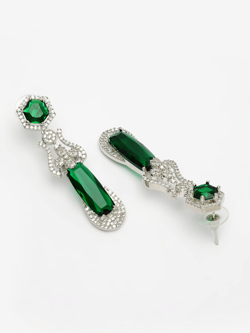 Rhodium Plated with Elegant Green American Diamond Studded Necklace Set