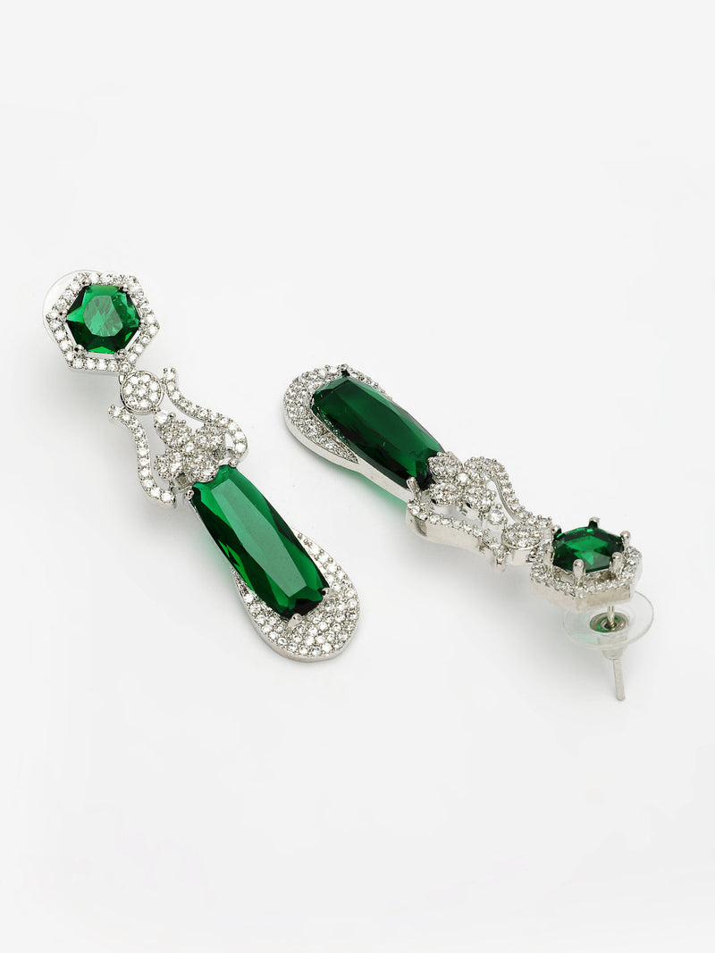 Rhodium Plated Silver Toned Emerald American Diamond Studded Necklace Set