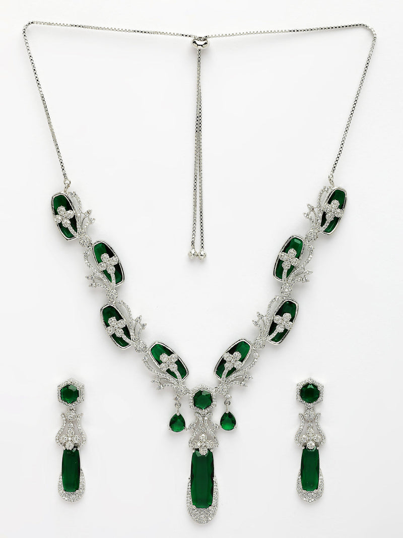 Rhodium Plated Silver Toned Emerald American Diamond Studded Necklace Set