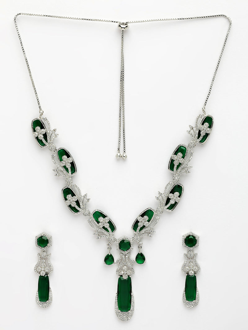 Rhodium Plated with Elegant Green American Diamond Studded Necklace Set