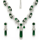 Rhodium Plated Silver Toned Emerald American Diamond Studded Necklace Set