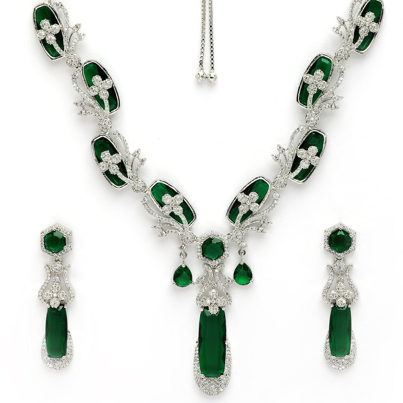Rhodium Plated Silver Toned Emerald American Diamond Studded Necklace Set