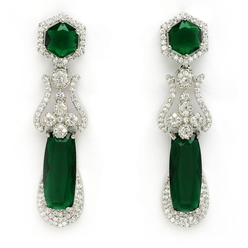 Rhodium Plated Silver Toned Emerald American Diamond Studded Necklace Set