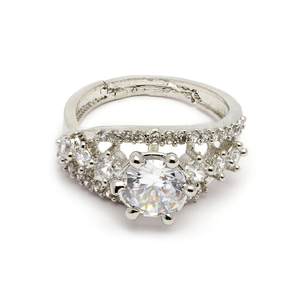 Rhodium Plated Silver Toned White American Diamond Studded Adjustable Ring